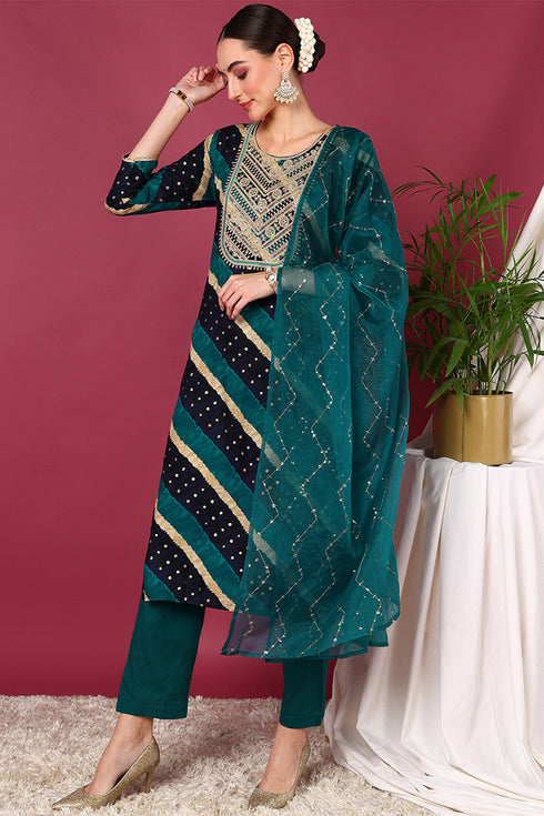 Plus Size Navy Blue Viscose Rayon Leheriya Printed Yoke Design Straight Suit Set